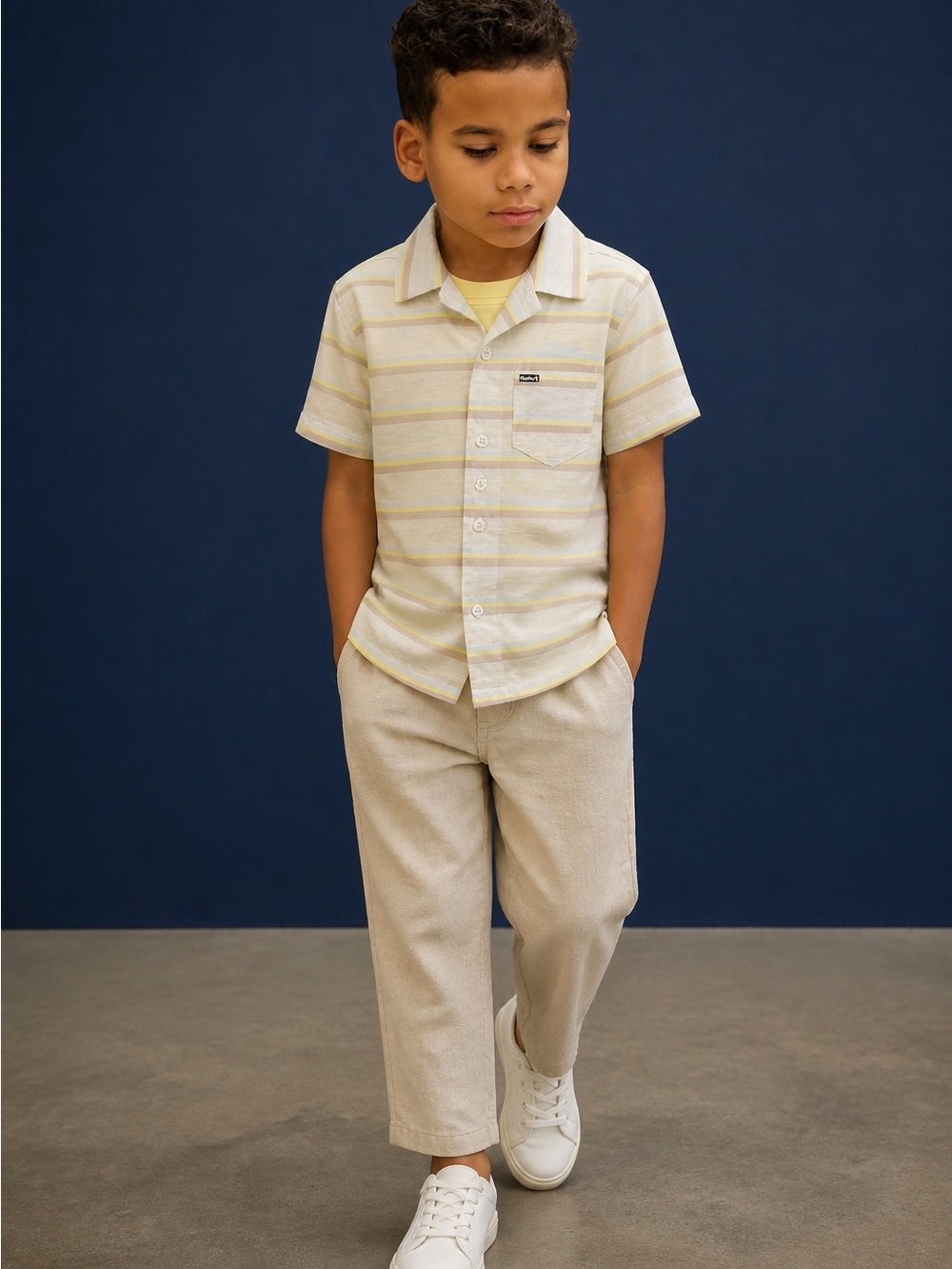 Hurley Boys’ Yellow & Beige Striped Short Sleeve Button-Down Shirt – Size 7/8 - Picture 2 of 6